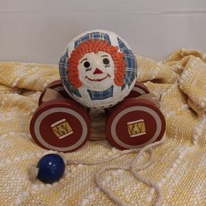Vintage Wooden Pull Toy with Red and Blue Accents